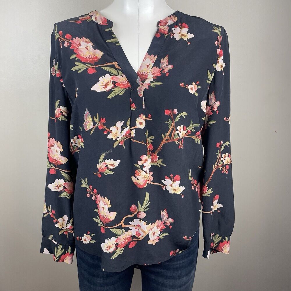 Joie Women’s Silk V Neck Top Black Floral Long Sleeve Elegant  Workwear Classic